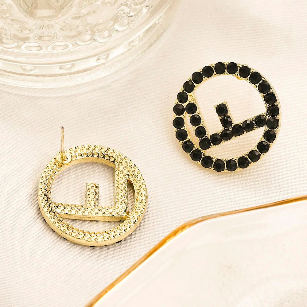 Black F Rhinestone Earrings, Gold