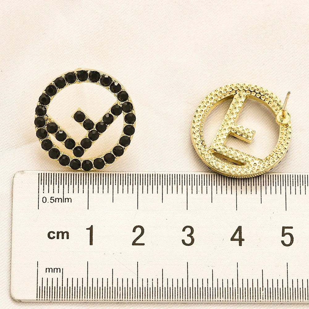 Black F Rhinestone Earrings, Gold