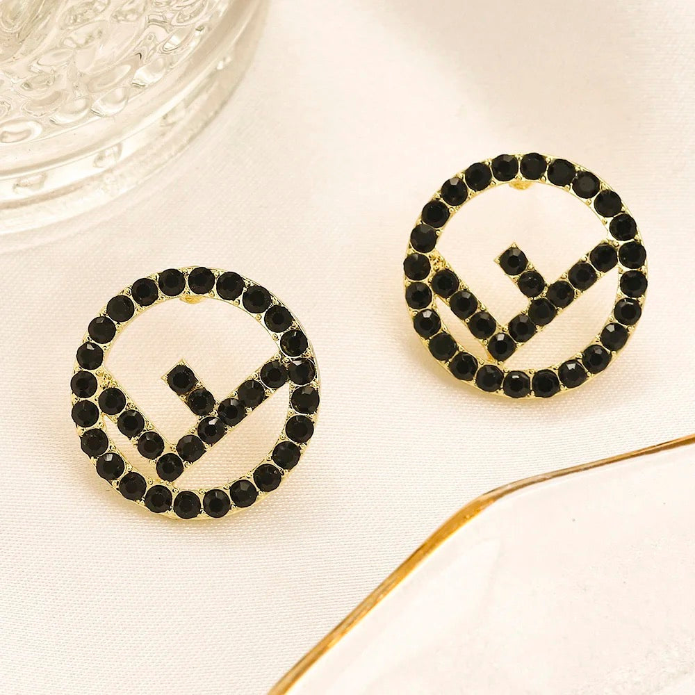 Black F Rhinestone Earrings, Gold