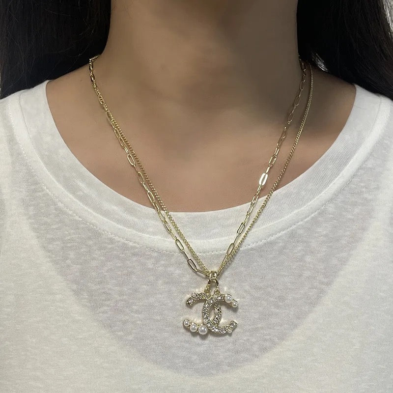 Double Chain Initial CC Gold or Silver Necklace