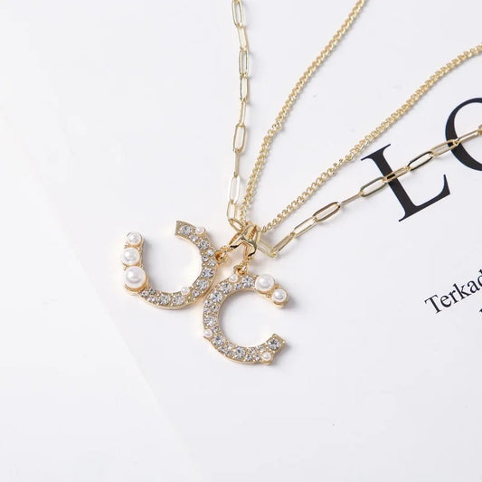 Double Chain Initial CC Gold or Silver Necklace