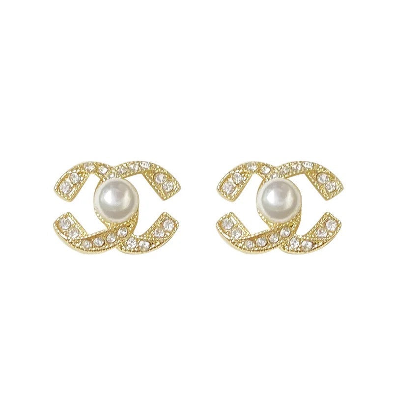 Twisted Double C is for Classy Pearl Rhinestone Earrings, Gold