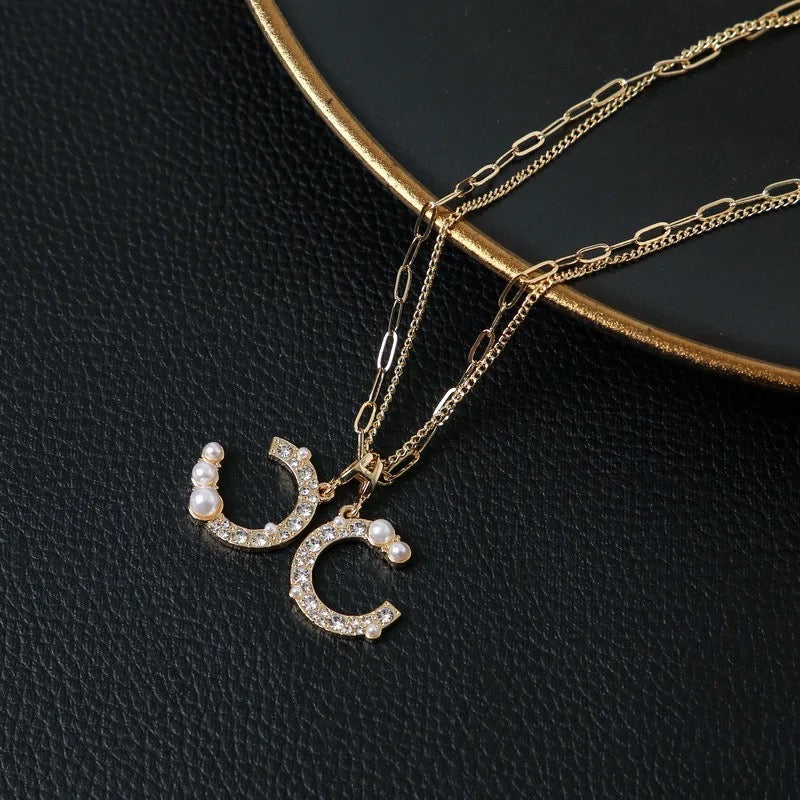 Double Chain Initial CC Gold or Silver Necklace