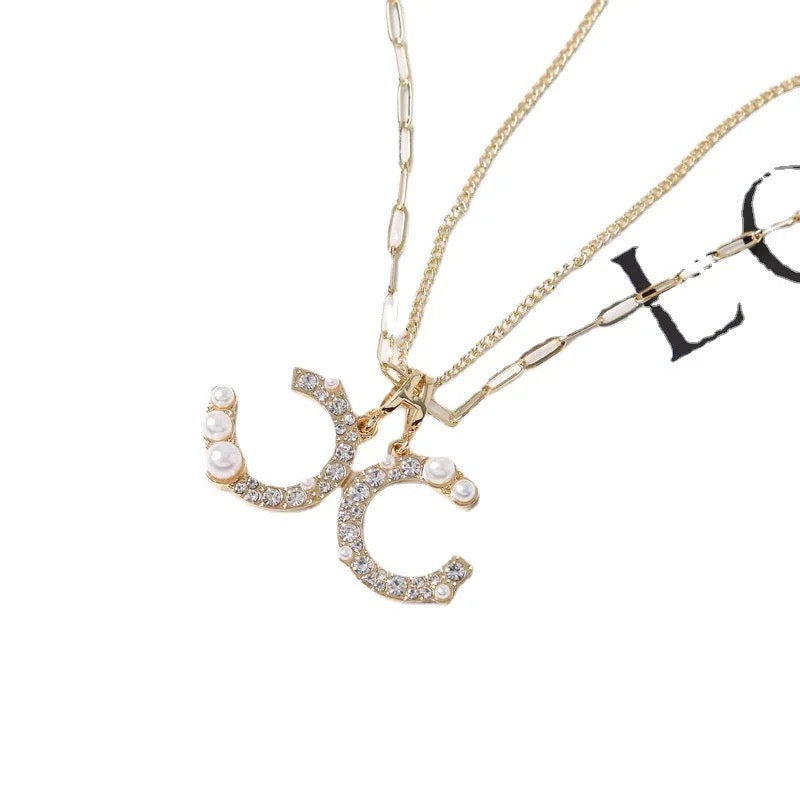 Double Chain Initial CC Gold or Silver Necklace