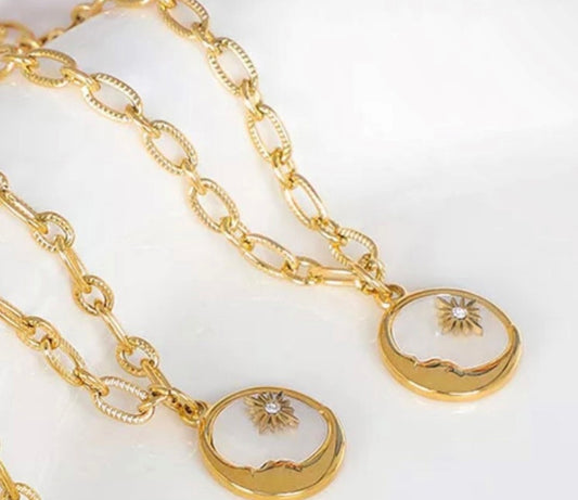 Gold Chain Moon Necklace with Mother of Pear Accents