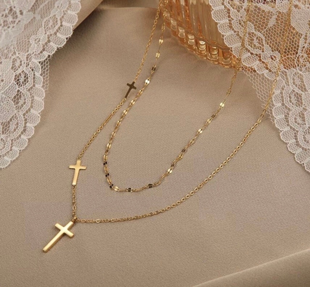 Dainty Double Chain Cross Gold Necklace