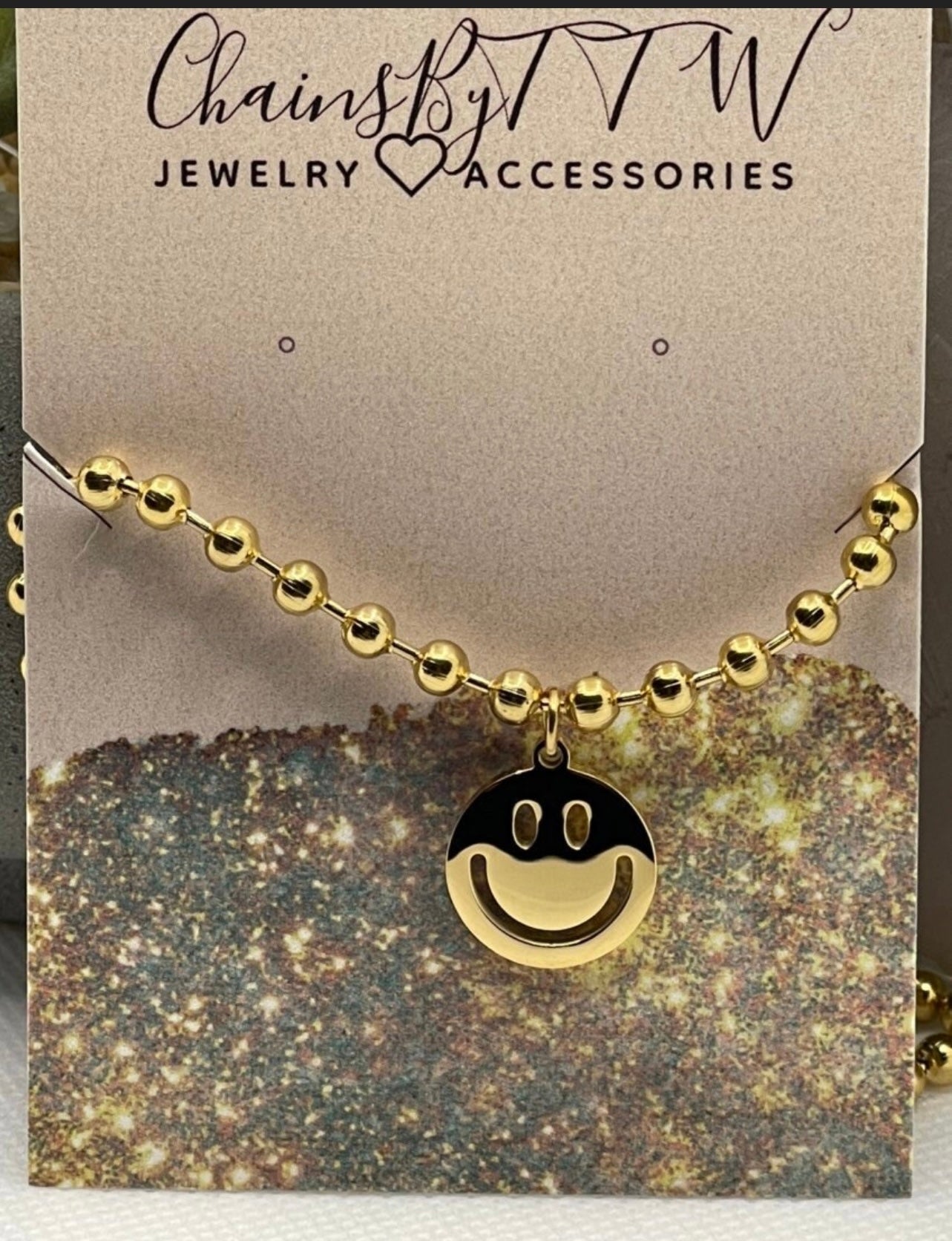 Gold Happy Face Necklace, Choice of Chain