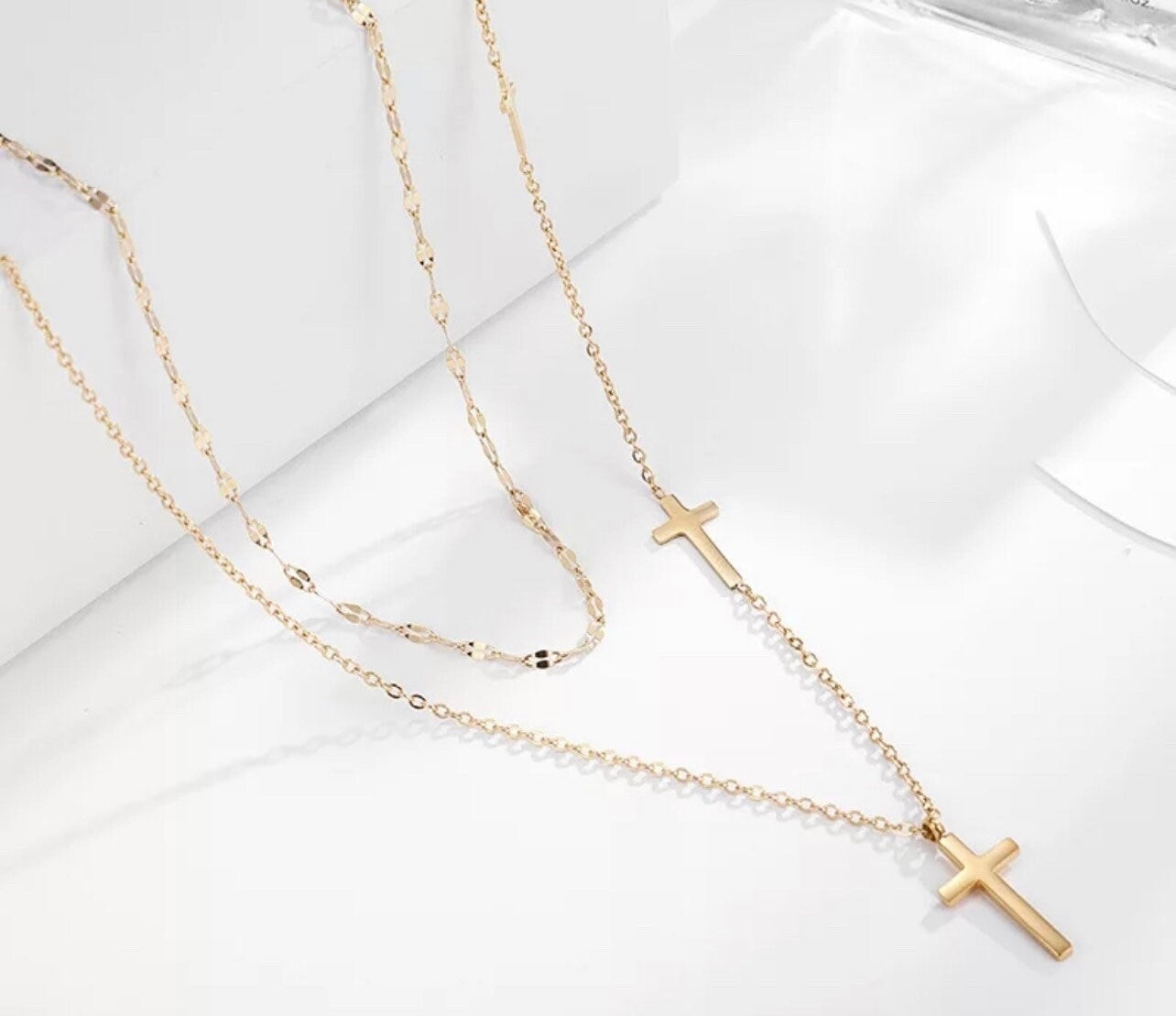 Dainty Double Chain Cross Gold Necklace