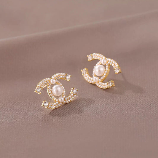 Double C is for Classy Pearl Rhinestone Earrings, Gold