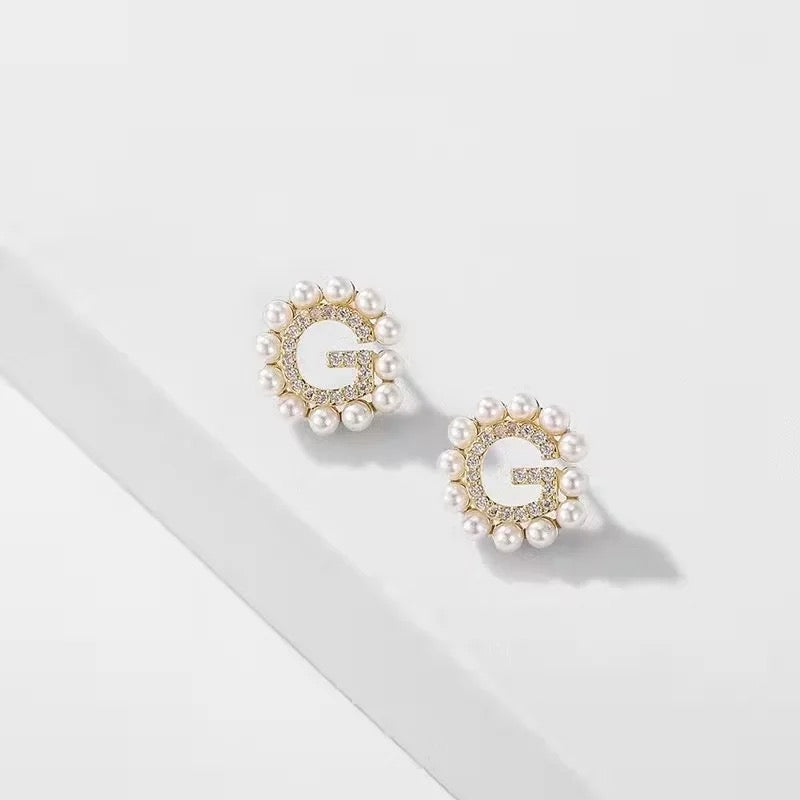 G Pearl Rhinestone Earrings, Gold