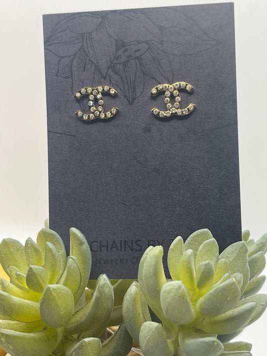 C is for Call Me Rhinestone Stud Gold Earrings