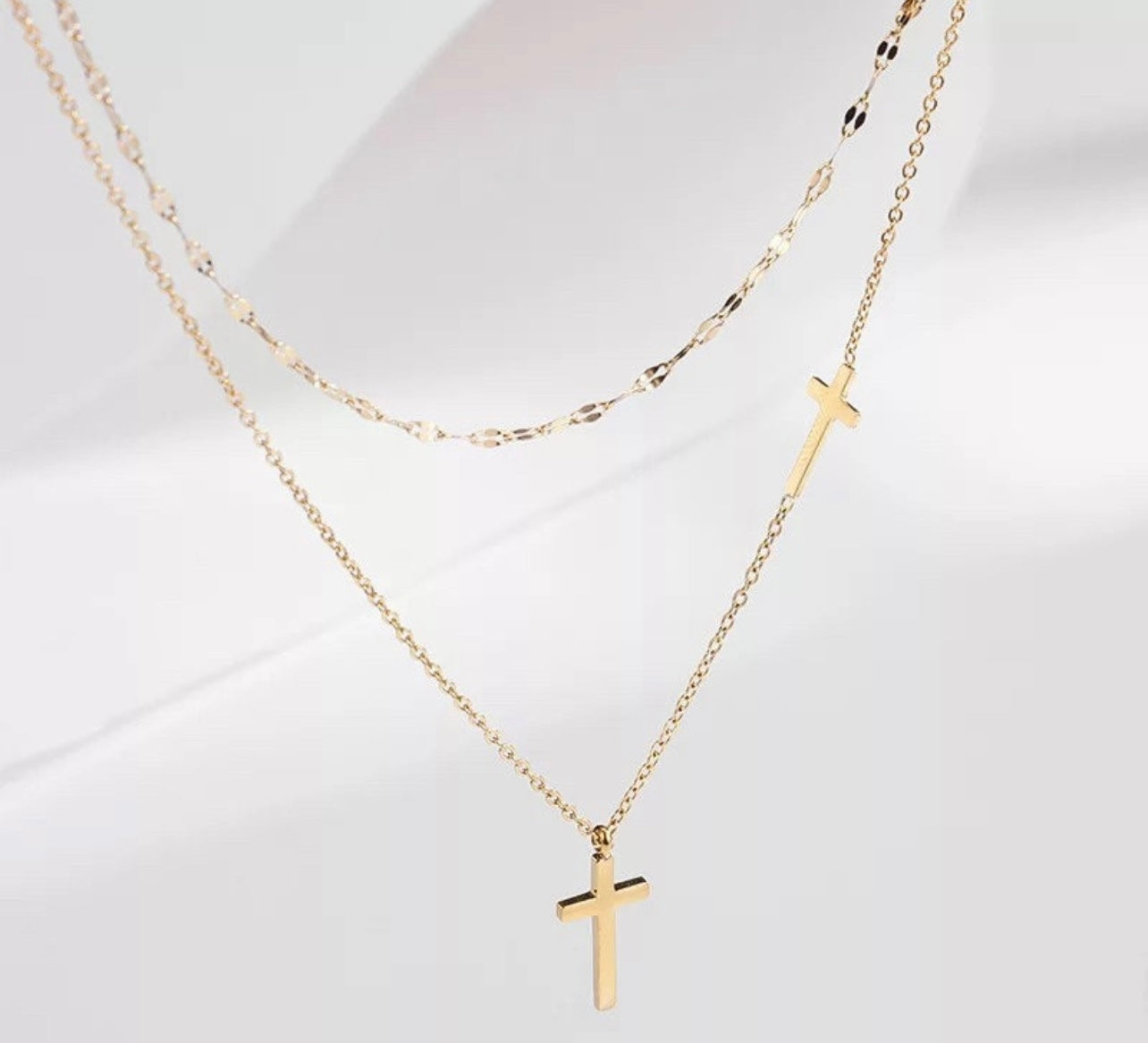 Dainty Double Chain Cross Gold Necklace