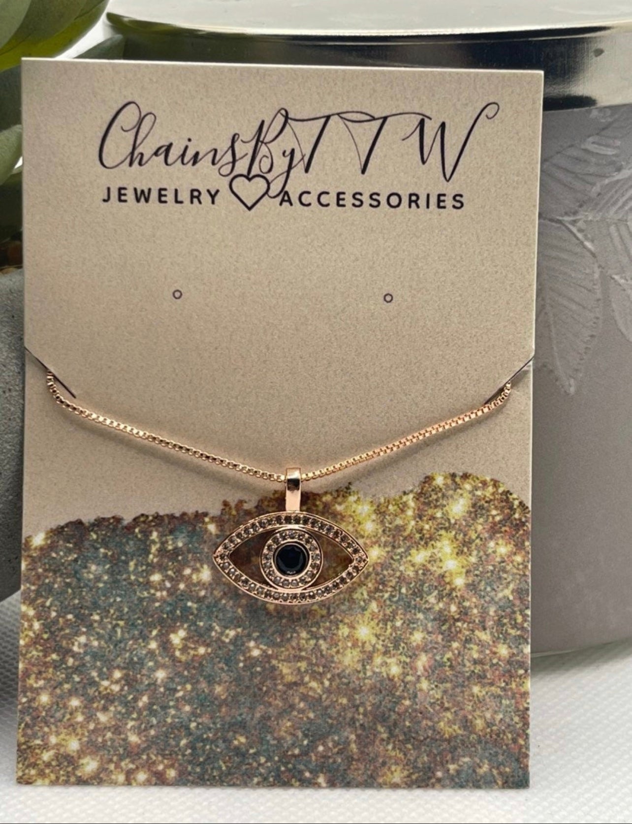 Glamorous Evil Eye Necklace, Silver or Rose Gold