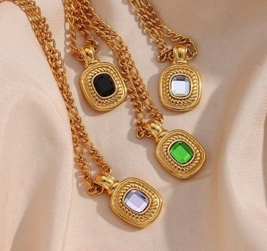 Vintage Gold Square Necklace, Black, Green or White Center