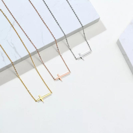 Horizontal Cross Necklace, Gold, Silver or Rose Gold