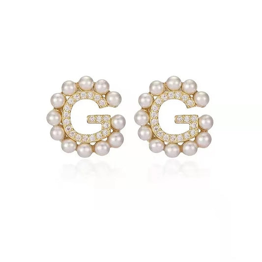 G Pearl Rhinestone Earrings, Gold