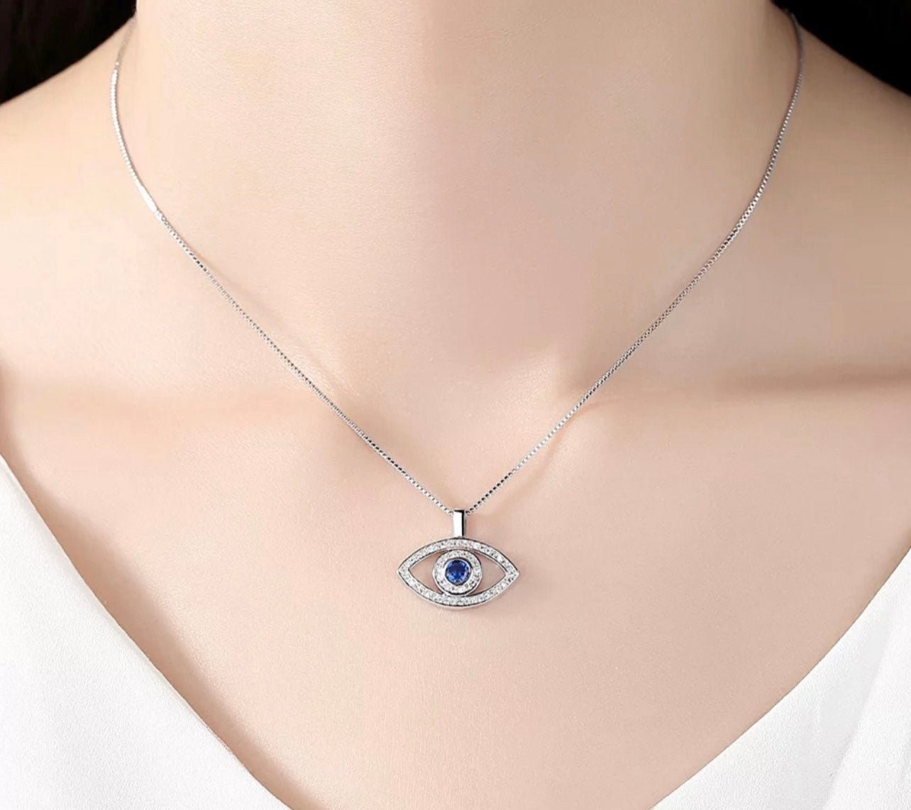 Glamorous Evil Eye Necklace, Silver or Rose Gold