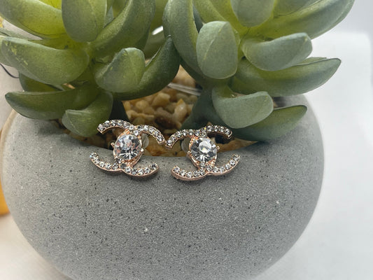 Centerpiece Double C Rhinestone Earrings, Gold, Rose Gold or Silver