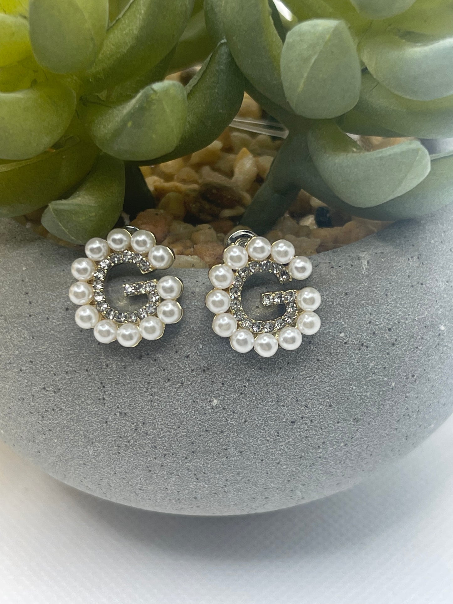 G Pearl Rhinestone Earrings, Gold